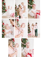 Collage of eight bright Christmas stock photos showing a mother, father, and baby girl beside a decorated tree with pink gingham gifts and red bows.