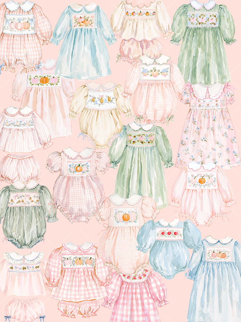 Watercolor collection of smocked children's dresses, rompers, and bloomer sets with gingham, pumpkins, florals, and autumn details in soft pink, green, and blue.