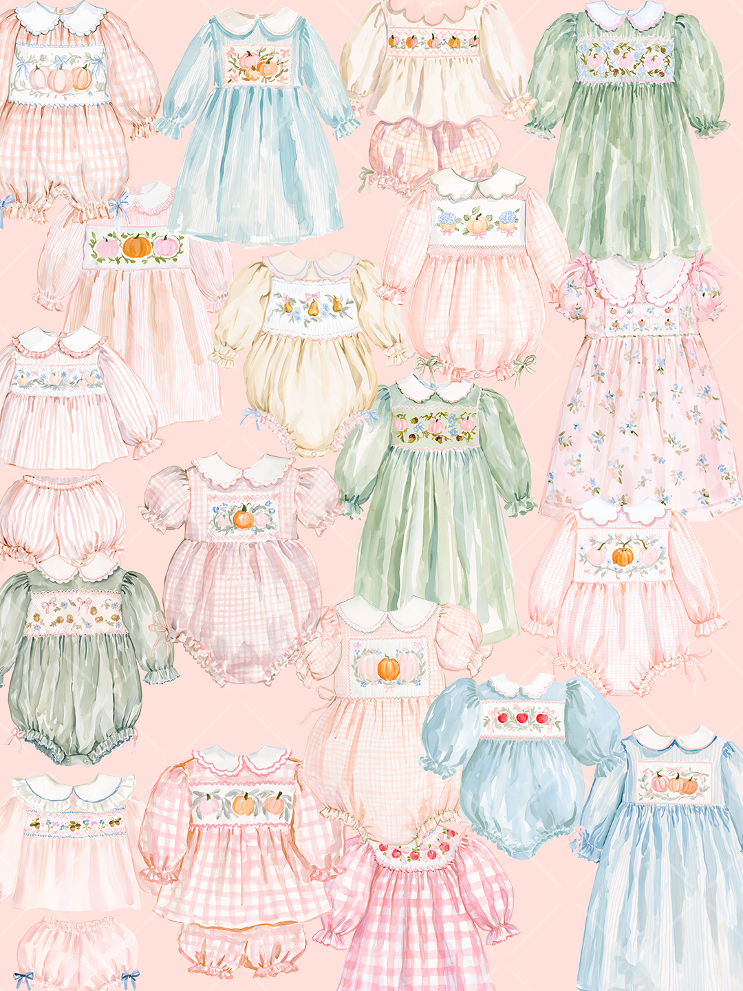 Watercolor collection of smocked children's dresses, rompers, and bloomer sets with gingham, pumpkins, florals, and autumn details in soft pink, green, and blue.