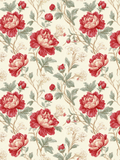 Seamless botanical pattern with large red and cream peonies, flower buds, muted green leaves, and sketched blossoms on a cream background.