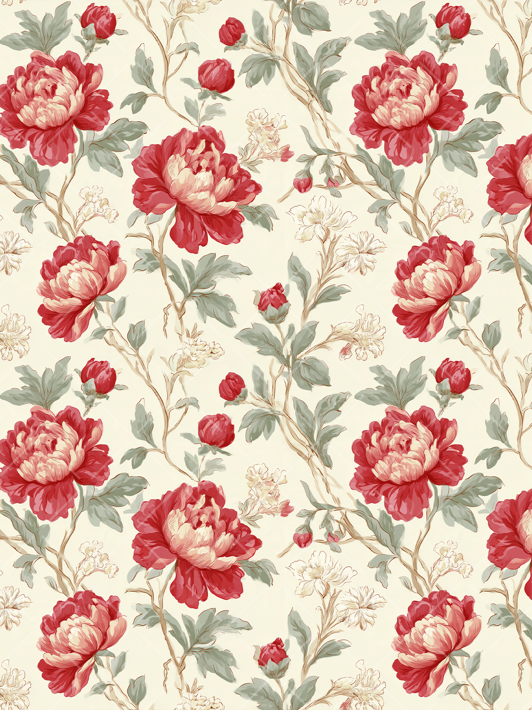 Seamless botanical pattern with large red and cream peonies, flower buds, muted green leaves, and sketched blossoms on a cream background.