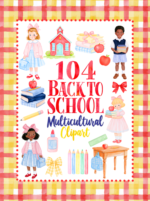 Watercolor back-to-school clipart collection with multicultural children, books, apples, bows, pencils, backpacks, a schoolhouse, and classroom supplies.