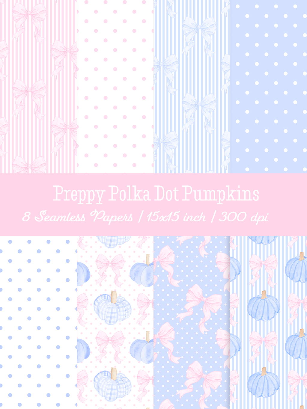 Collection of pink and blue seamless patterns featuring watercolor pumpkins, ribbon bows, gingham, stripes, and polka dots.