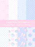 Collection of pink and blue seamless patterns featuring watercolor pumpkins, ribbon bows, gingham, stripes, and polka dots.