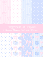Collection of pink and blue seamless patterns featuring watercolor pumpkins, ribbon bows, gingham, stripes, and polka dots.