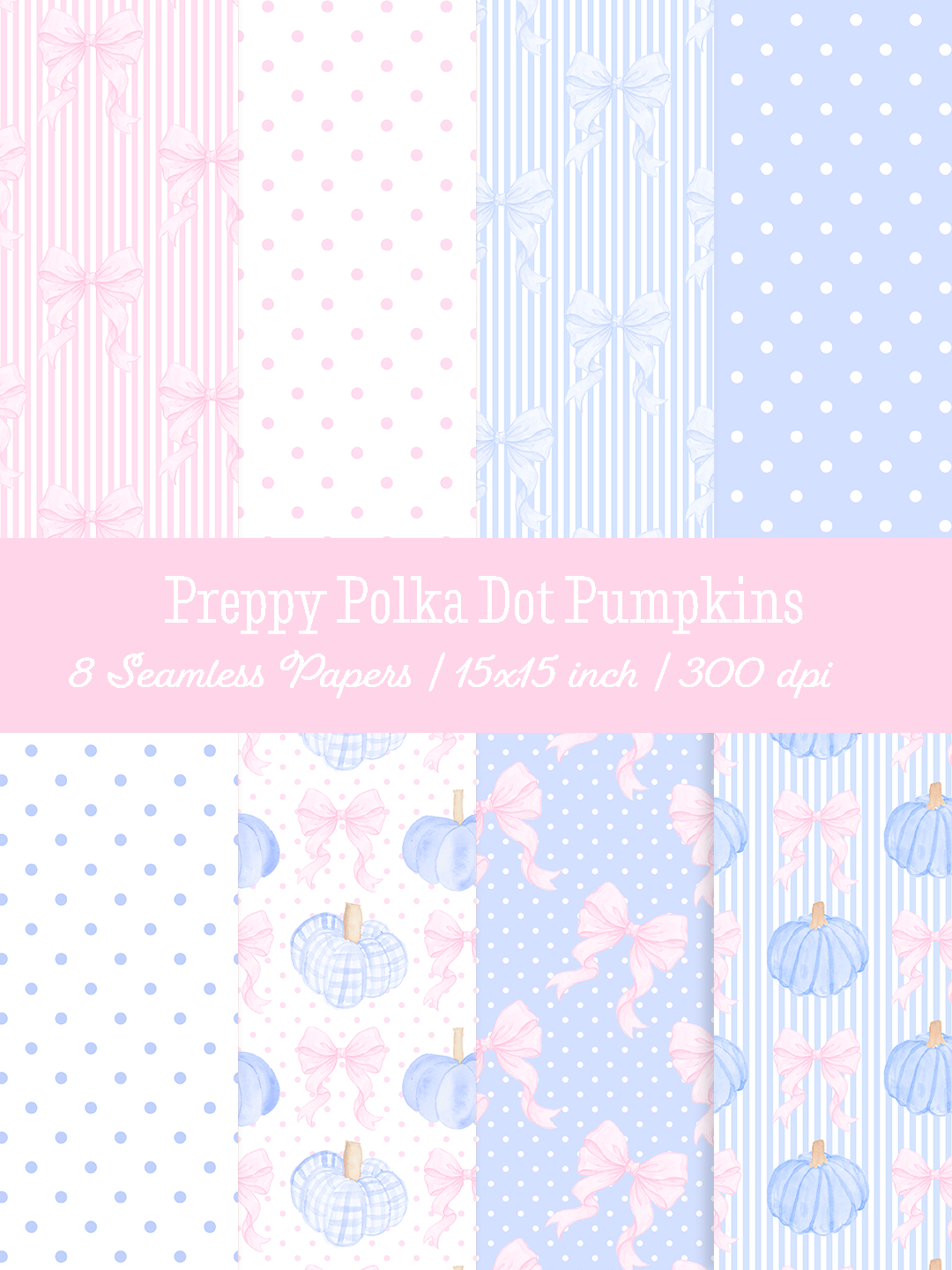 Collection of pink and blue seamless patterns featuring watercolor pumpkins, ribbon bows, gingham, stripes, and polka dots.