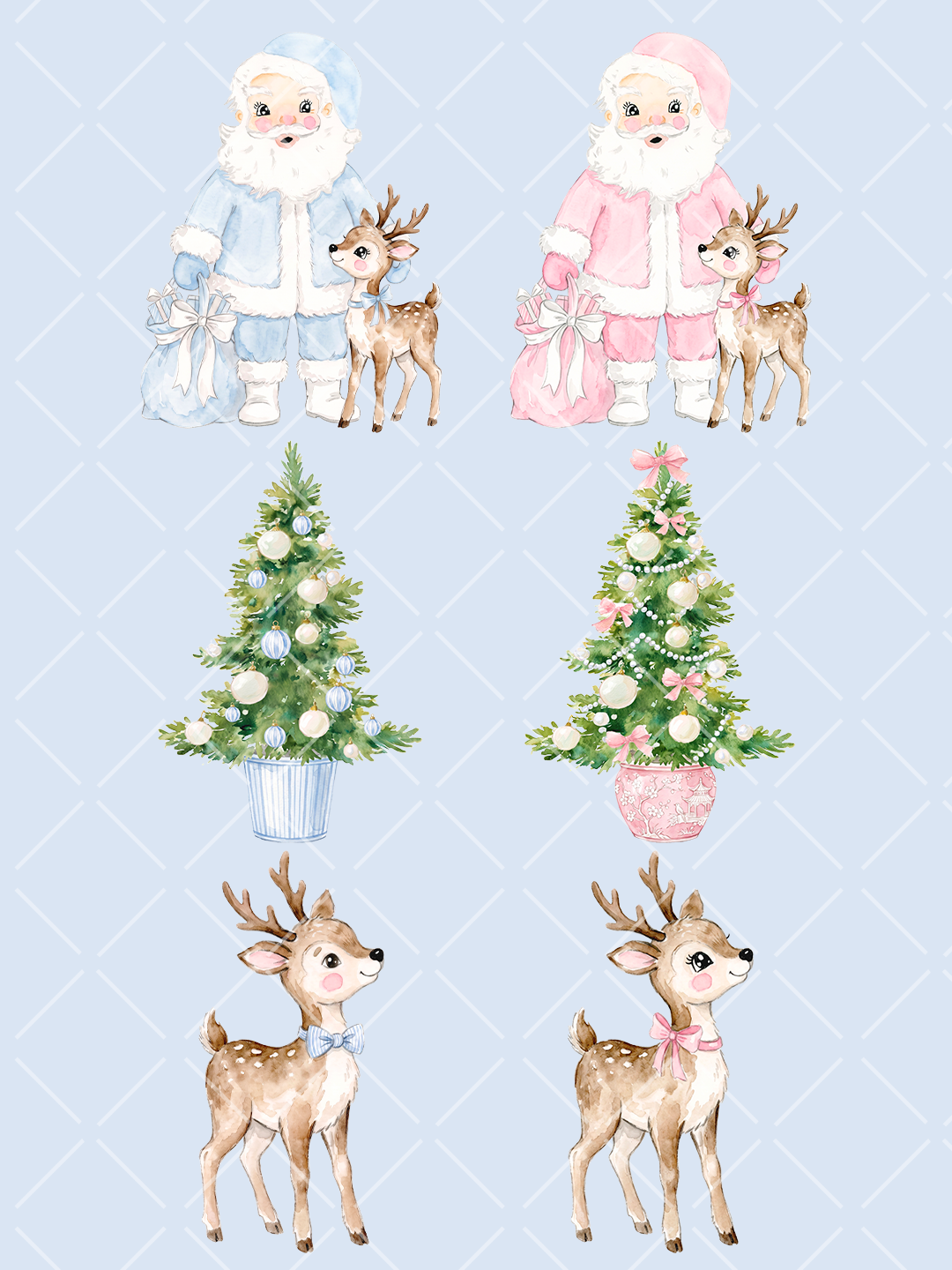 Six watercolor Christmas illustrations featuring pink and blue Santas with reindeer, decorated trees, and bow-wearing reindeer.