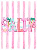 Watercolor Salty lettering in pink, coral, and aqua over wide pink stripes with palm trees, seashells, a starfish, and ocean waves.
