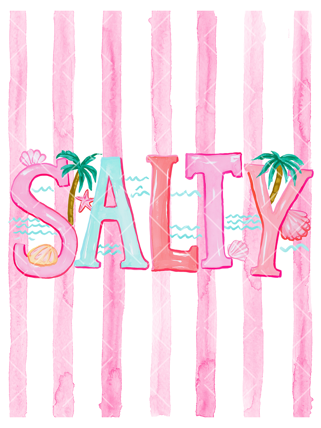 Watercolor Salty lettering in pink, coral, and aqua over wide pink stripes with palm trees, seashells, a starfish, and ocean waves.