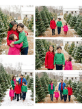 Collage of five Christmas stock photos showing a multicultural family and three children posing, hugging, and walking through a snowy decorated tree farm.