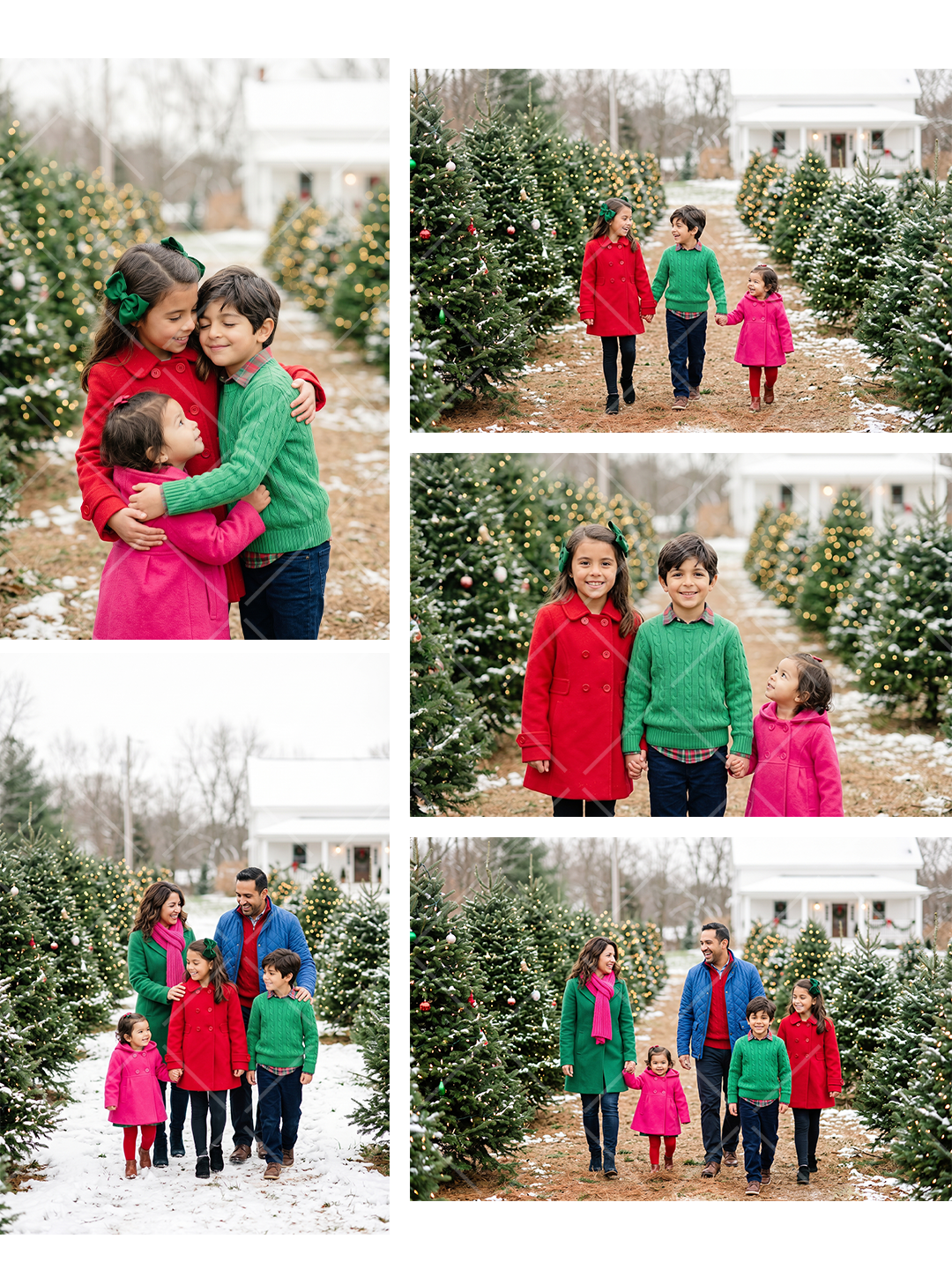 Collage of five Christmas stock photos showing a multicultural family and three children posing, hugging, and walking through a snowy decorated tree farm.