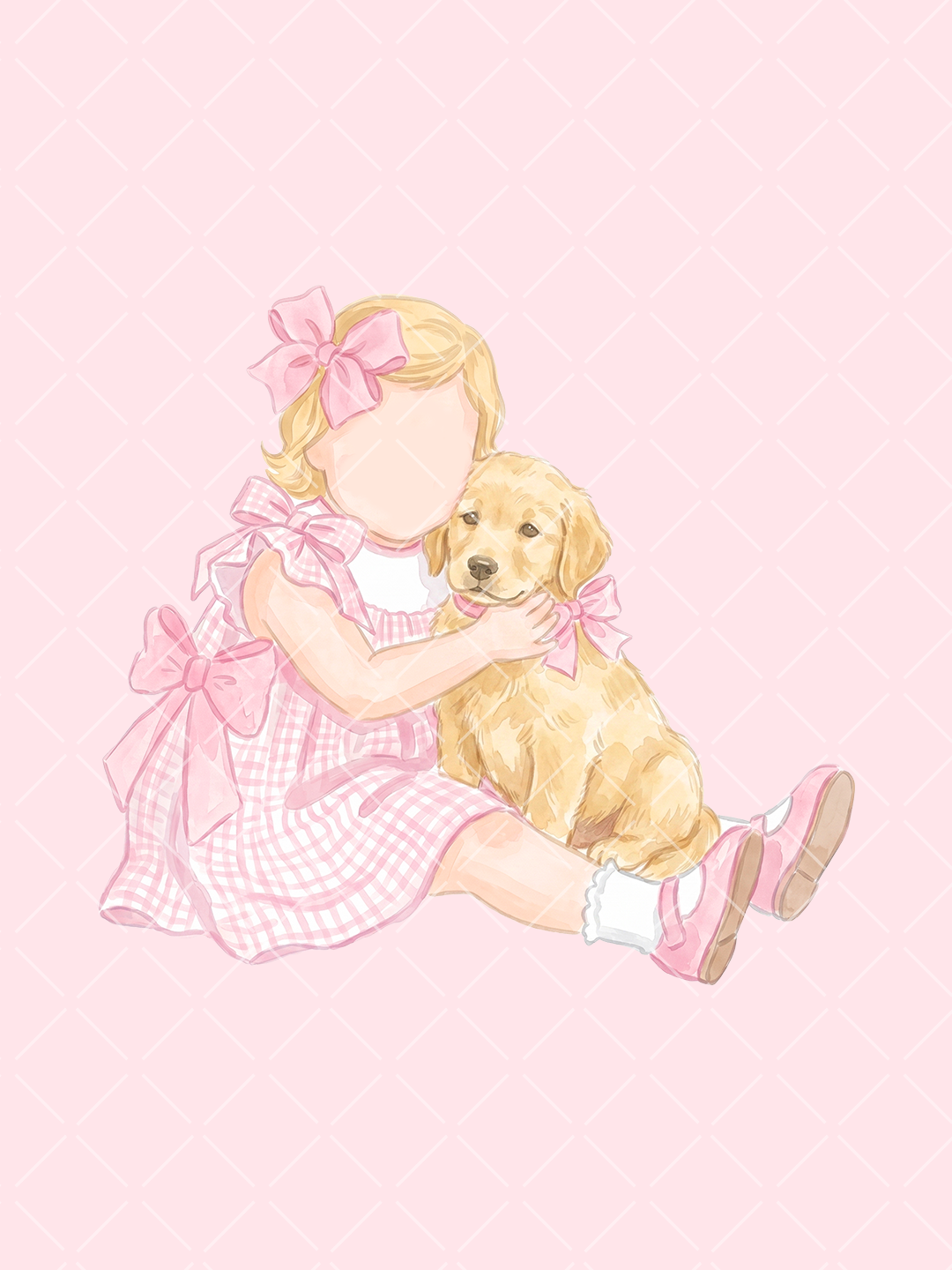 Watercolor illustration of a blonde little girl in a pink gingham bow dress cuddling a golden retriever puppy with a pink neck bow