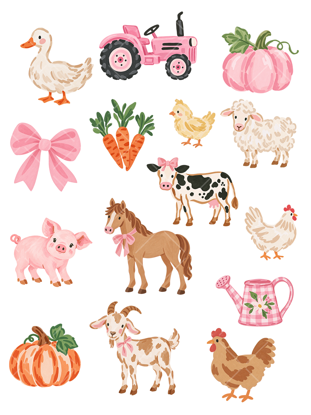 Pink Farm Animal Watercolor Clipart Bundle - 15 PNG Files