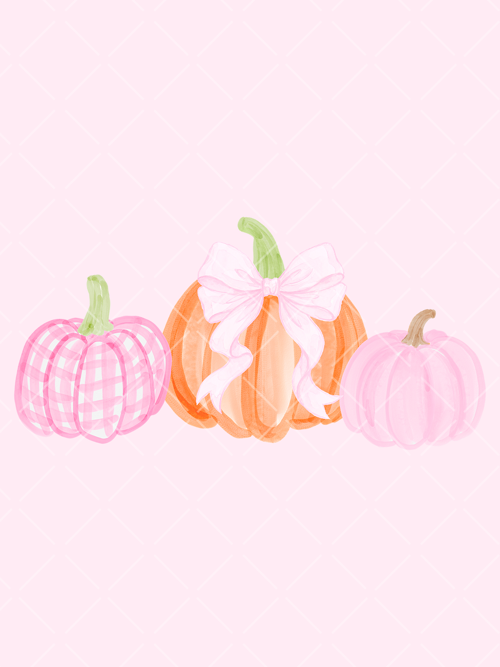 Watercolor trio of pink gingham, orange, and pink pumpkins with a large pale pink bow on the center pumpkin