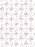 Watercolor seamless pattern with pink rose bouquets, blue bows, green leaves, and pink ribbon trellis details on white.
