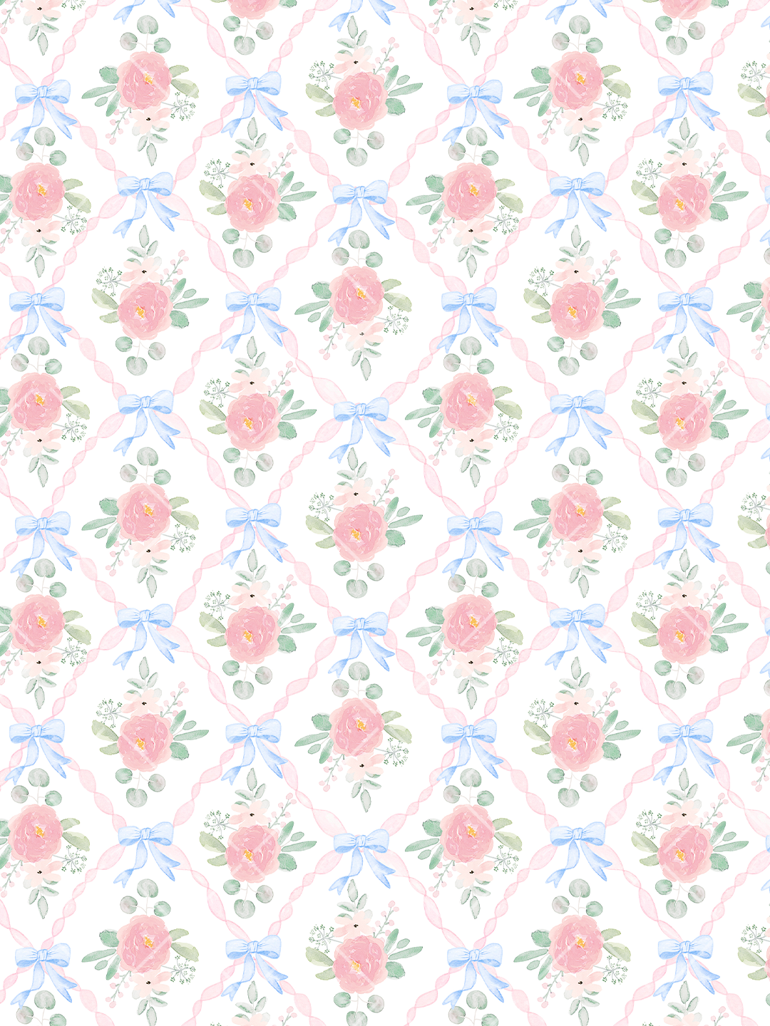 Watercolor seamless pattern with pink rose bouquets, blue bows, green leaves, and pink ribbon trellis details on white.