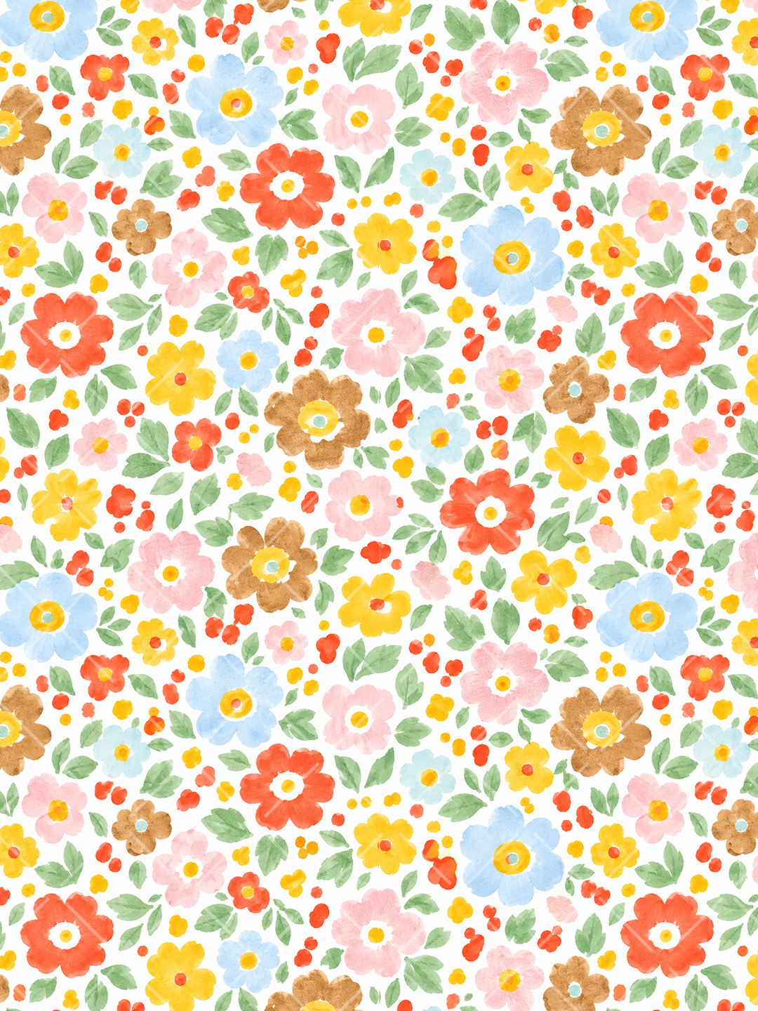 Seamless watercolor floral pattern with coral, pink, blue, yellow, and brown flowers surrounded by green leaves on a white background.