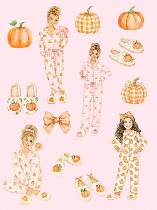 Watercolor fall clipart collection with women and a girl in pumpkin pajamas, orange pumpkins, cozy slippers, mugs, and a gingham bow on a pink preview background.