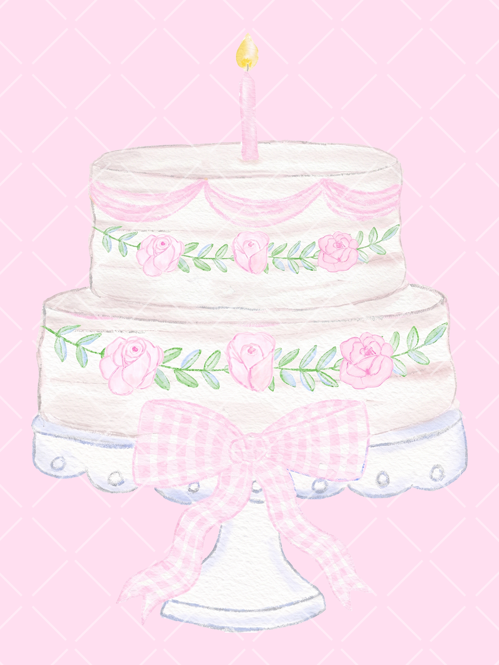 Watercolor two-tier white birthday cake with pink roses, greenery, a pink gingham bow, pedestal stand, and single lit candle