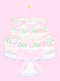 Watercolor two-tier white birthday cake with pink roses, greenery, a pink gingham bow, pedestal stand, and single lit candle
