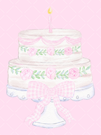 Watercolor two-tier white birthday cake with pink roses, greenery, a pink gingham bow, pedestal stand, and single lit candle