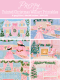 Preview collage of six painted pink and blue Christmas wall art prints featuring a holiday house, family baking scenes, festive interiors, bows, trees, and stockings.
