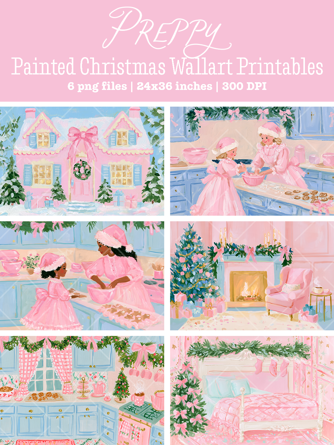 Preview collage of six painted pink and blue Christmas wall art prints featuring a holiday house, family baking scenes, festive interiors, bows, trees, and stockings.