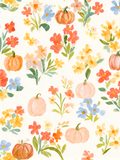 Painterly seamless fall pattern with peach and orange pumpkins, coral, yellow and blue wildflowers, and green leaves on a cream background