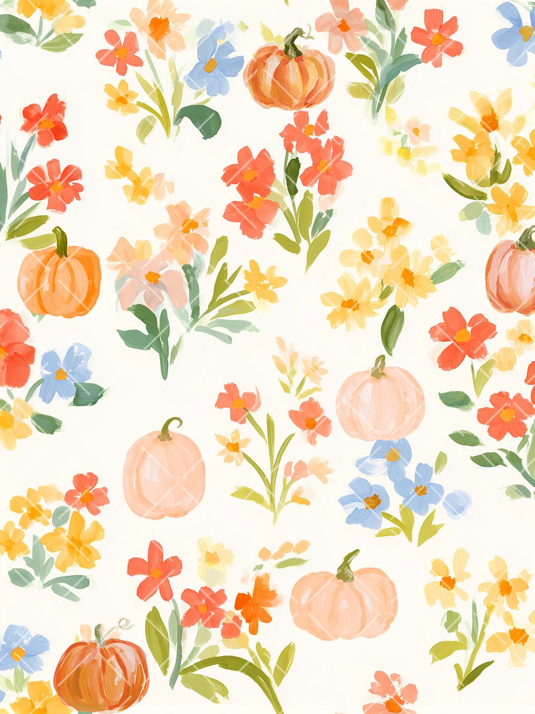 Painterly seamless fall pattern with peach and orange pumpkins, coral, yellow and blue wildflowers, and green leaves on a cream background