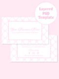 Pink and white front-and-back business card template with a repeating bow pattern, scalloped borders, script business name, and social media details.