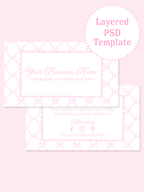 Pink and white front-and-back business card template with a repeating bow pattern, scalloped borders, script business name, and social media details.
