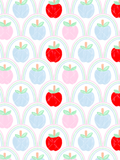 Seamless painted pattern of pastel blue, pink, and red apples beneath mint, pink, and blue rainbow arches on white