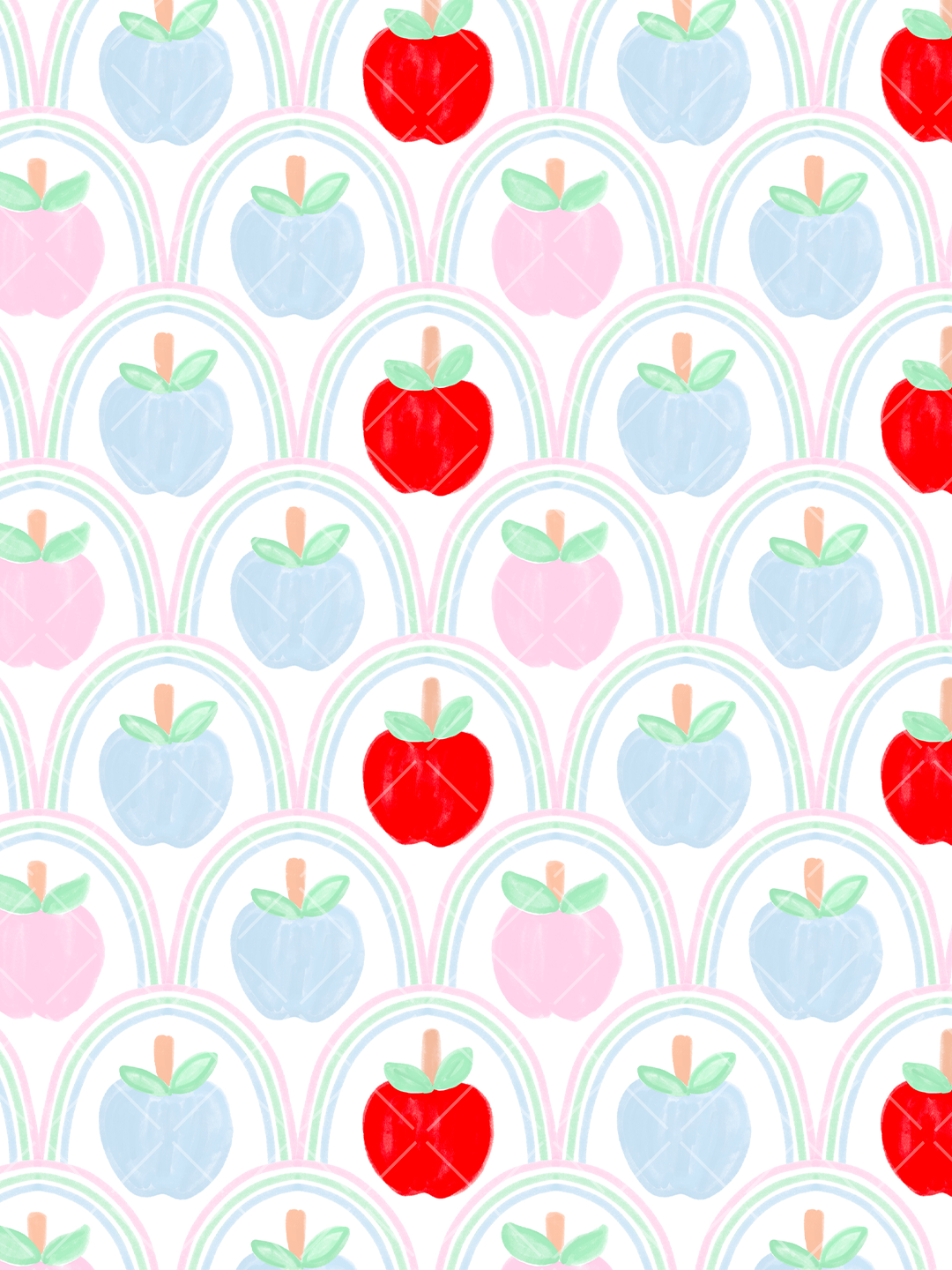 Seamless painted pattern of pastel blue, pink, and red apples beneath mint, pink, and blue rainbow arches on white