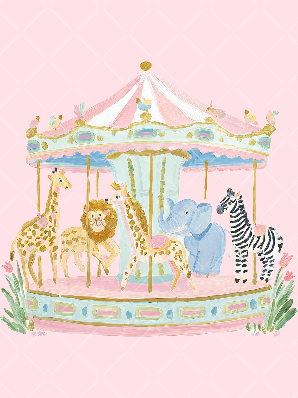 Hand-painted pastel carousel with giraffes, a lion, blue elephant, zebra, pink canopy, mint trim, and small flowers