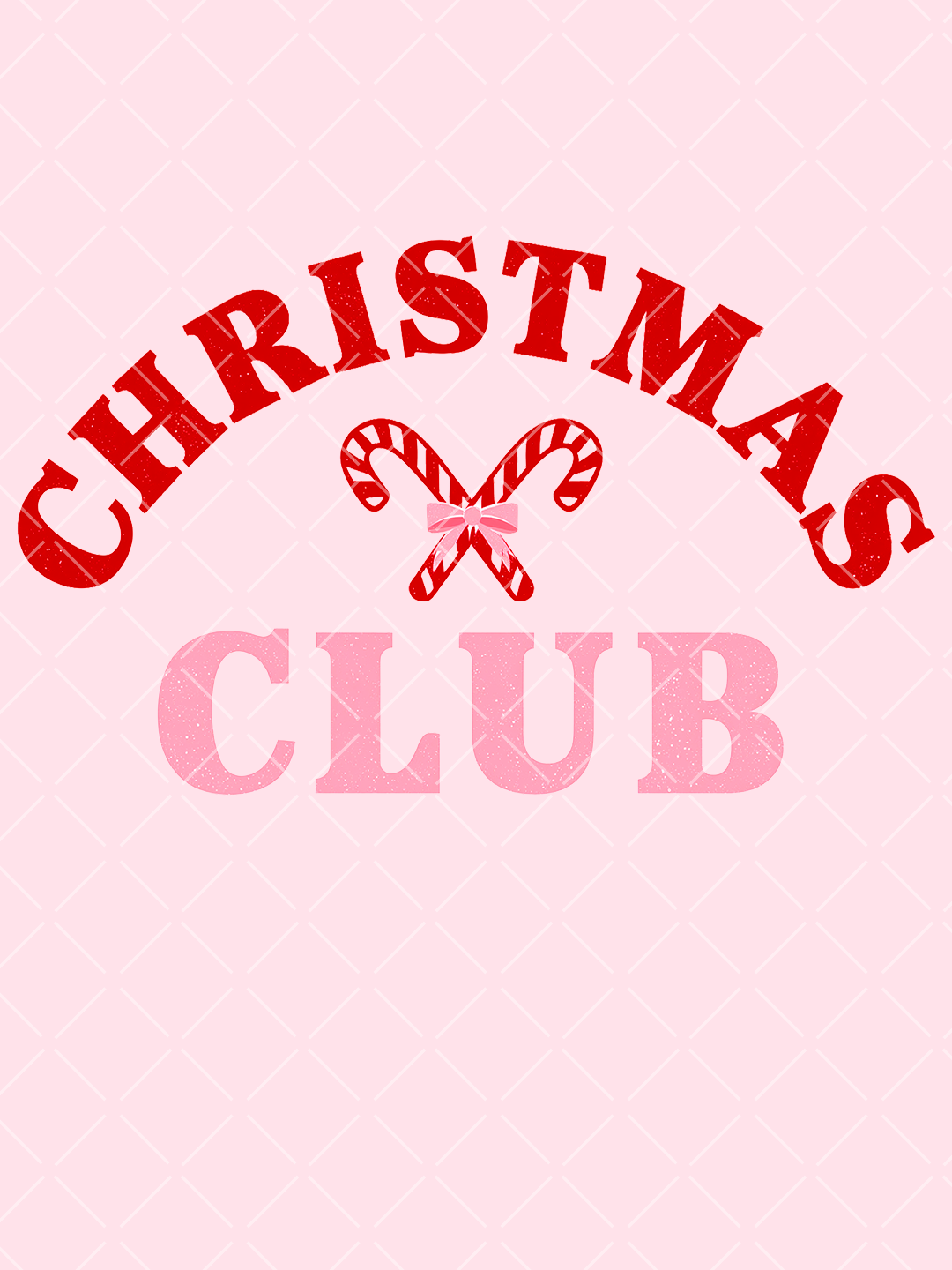 Red and pink Christmas Club typography design with crossed striped candy canes and a small pink bow.