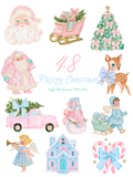 Pastel watercolor Christmas clipart preview with pink and blue Santas, a bow-covered tree, sleigh, reindeer, truck, snowman, angel, winter child, house, and candy canes.