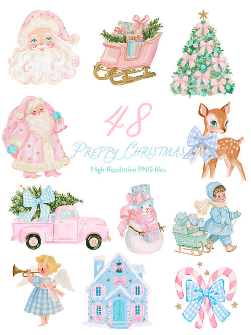 Pastel watercolor Christmas clipart preview with pink and blue Santas, a bow-covered tree, sleigh, reindeer, truck, snowman, angel, winter child, house, and candy canes.