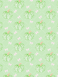 Seamless fall pattern with watercolor green pumpkins in white polka dots, small pink bows, and a pale green lattice background.