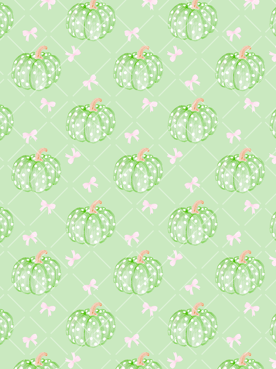 Seamless fall pattern with watercolor green pumpkins in white polka dots, small pink bows, and a pale green lattice background.