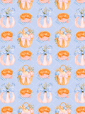 Watercolor seamless fall pattern with pastel pumpkins, pumpkin pies, harvest baskets, gingham bows, and flowers on a soft blue trellis background