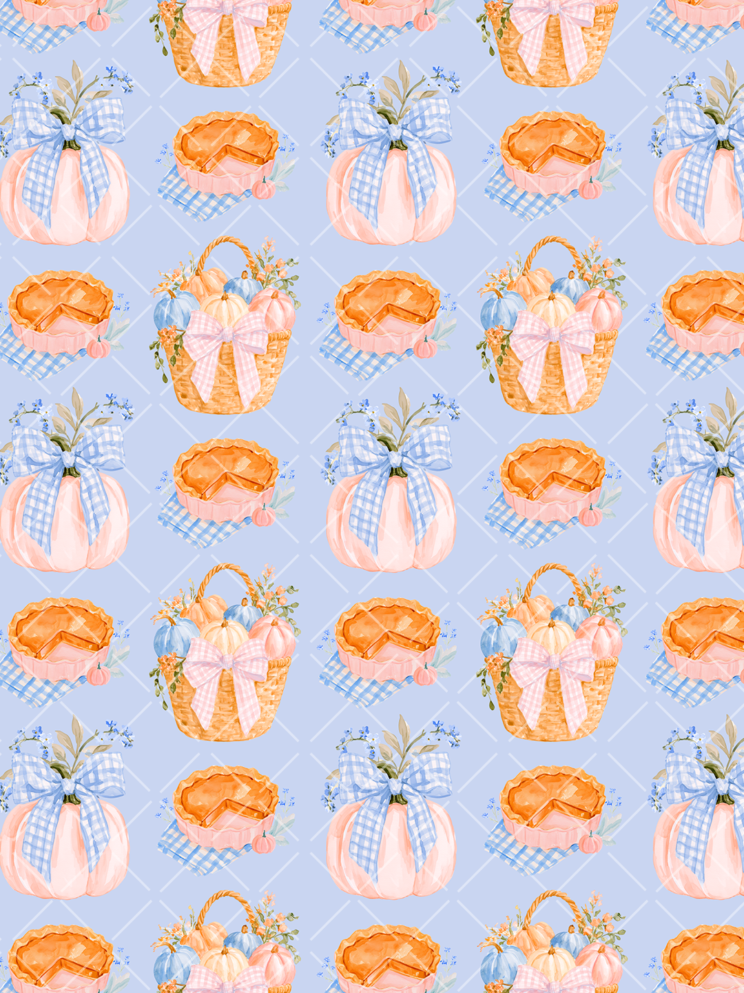 Watercolor seamless fall pattern with pastel pumpkins, pumpkin pies, harvest baskets, gingham bows, and flowers on a soft blue trellis background