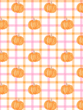 Watercolor orange pumpkins arranged across a pink and orange plaid seamless pattern on a white background