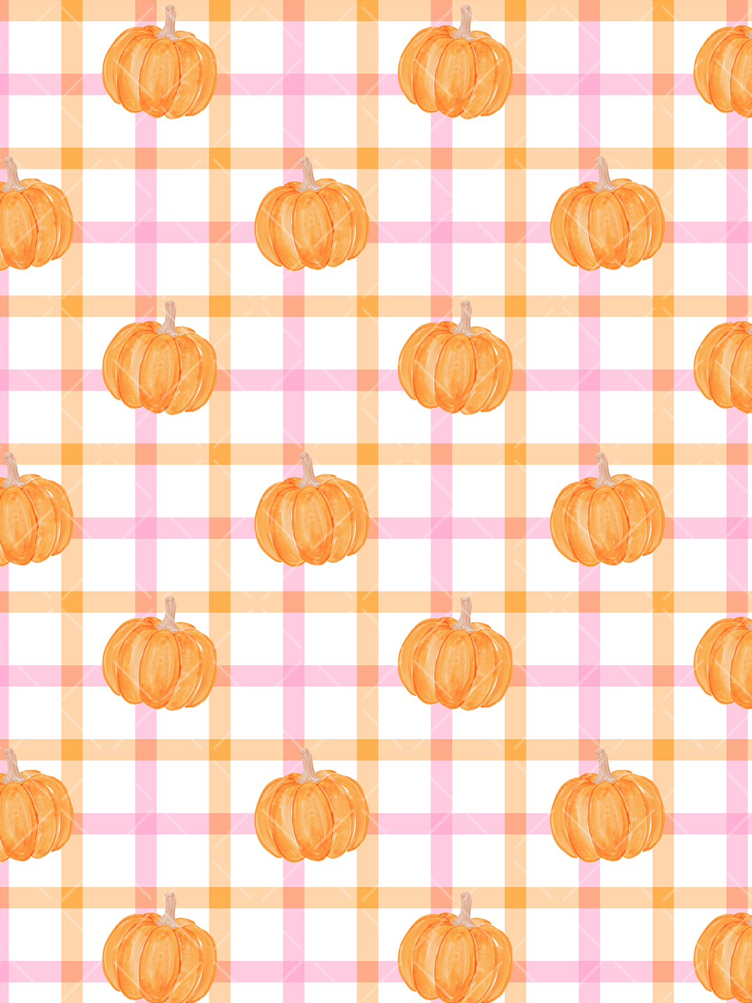 Watercolor orange pumpkins arranged across a pink and orange plaid seamless pattern on a white background
