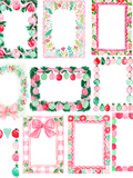 Collection of watercolor Christmas frames with pink bows, red and mint ornaments, evergreen branches, gingham, scallops, and festive florals.