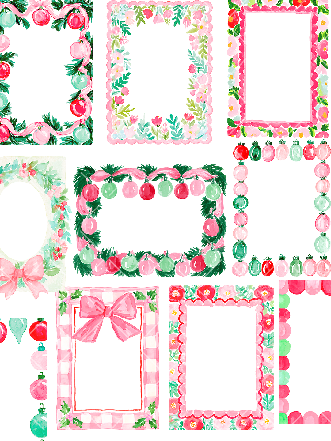 Collection of watercolor Christmas frames with pink bows, red and mint ornaments, evergreen branches, gingham, scallops, and festive florals.