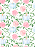 Watercolor seamless pattern with pale blue pumpkins, pink roses, and trailing green vines on a white background.