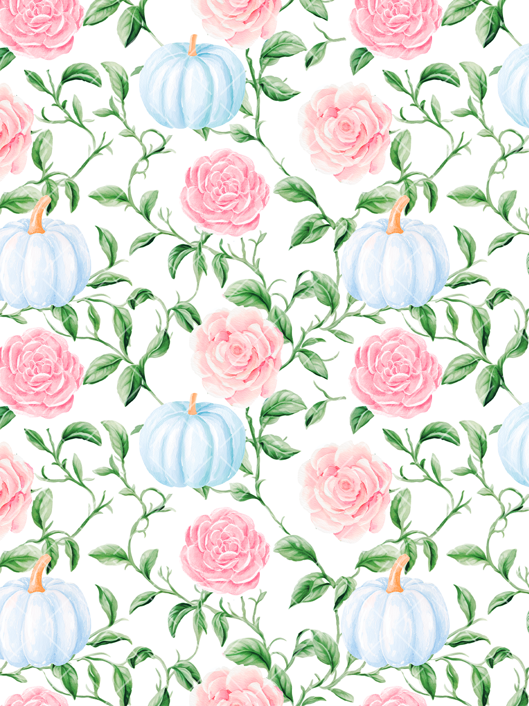 Watercolor seamless pattern with pale blue pumpkins, pink roses, and trailing green vines on a white background.