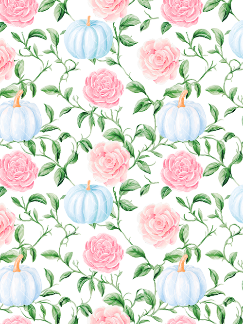 Watercolor seamless pattern with pale blue pumpkins, pink roses, and trailing green vines on a white background.