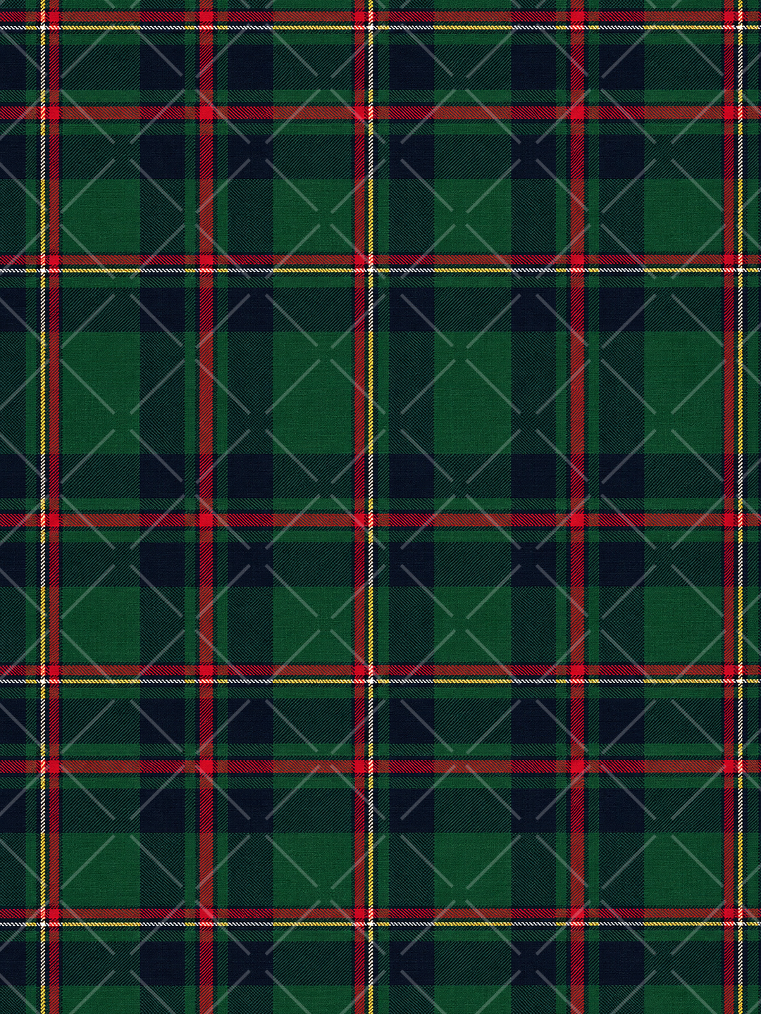 Seamless green and navy tartan plaid pattern with bold red bands, fine yellow and white stripes, and woven textile texture