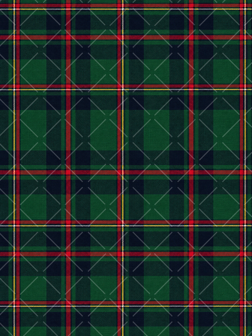 Seamless green and navy tartan plaid pattern with bold red bands, fine yellow and white stripes, and woven textile texture